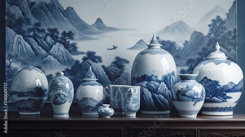 antique porcelain on the background of the painting