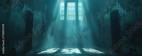 Amidst the cold steel of a futuristic prison a ray of light shines on a praying prisoner a symbol of unbroken spirit