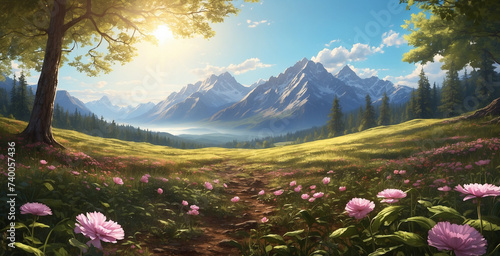 a view of a beautiful flower field with trees all around, and mountains in the background with soft sunlight filtering through the leaves and on the field floor