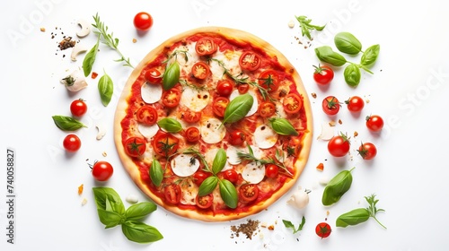 Colorful pizza ingredients. Tomatoes, cheese, chilli peppers and basil leaves on white background, top view, free space