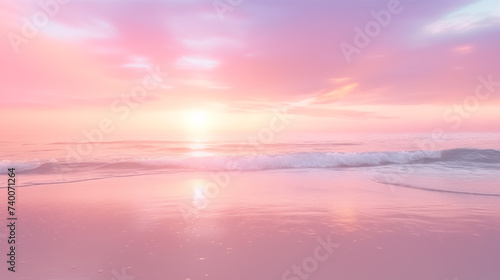 beautiful holographic sunset over a sandy beach and ocean, clean blank stage, product display montage