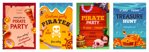 Pirate treasure posters. Lost ancient gold, wooden chest with coins, sea robbers elements, weapons, kids party invitation, childish birthday posters, cartoon flat isolated tidy vector set