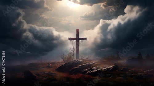 jesus christ on a cross at the mountain with sunset
