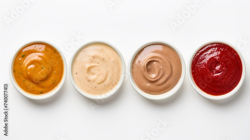 Bowls of various sauces isolated on white background, top view