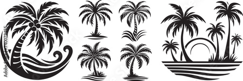 palm tree island and waves, paradise graphics