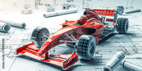 formula 1 car under construction on blueprints, building projects