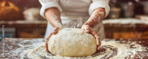 A baker kneads dough preparing it for baking fresh bread against blurred bakery background. 