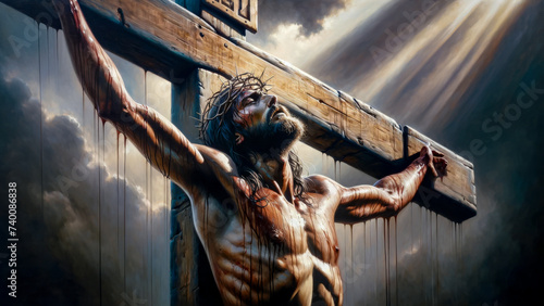 The Sacrificial Blood in Divine Illumination - Jesus Christ Crucified on the Cross with Rays of Light and Dripping Blood.