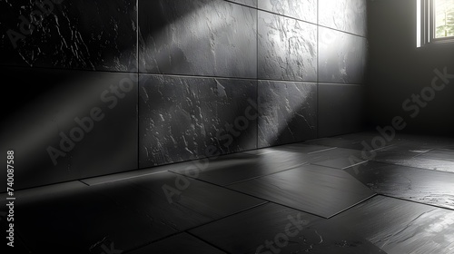 Close-up of black brick wall texture with block pattern, tile floor of different shapes, light from the window falls on the wall