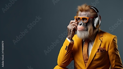 Anthropomorphic monkey in formal business suit working in corporate office setting
