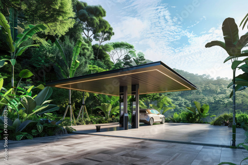 A modern hydrogen refueling station surrounded by lush greenery