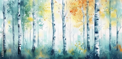 Watercolor painting illustration of abstract birch trees in forest, landscape background, Generative AI