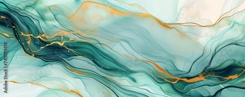 Abstract watercolor paint background illustration. Soft pastel green aquamarine color and golden lines with liquid fluid marbled paper texture banner texture, Generative AI