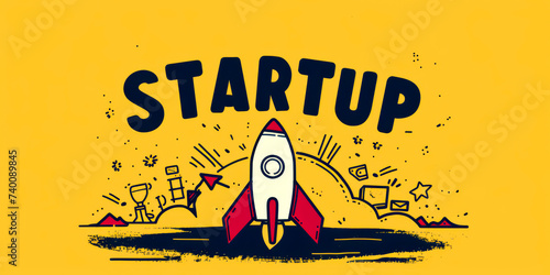 logo with "STARTUP" written with a space rocket in the center on yellow background