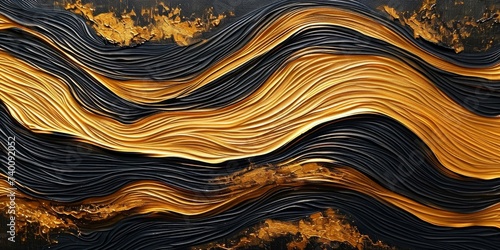 Abstract gold black acrylic painted fluted 3d painting texture luxury background banner on canvas. Golden waves swirls, Generative AI