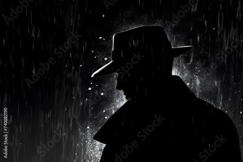 Investigating the silhouette of a noir-style detective in the rain. Concept Film Noir, Detective, Silhouette, Rainy Scene, Investigation
