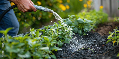 gardener manually watering plants in garden using hose