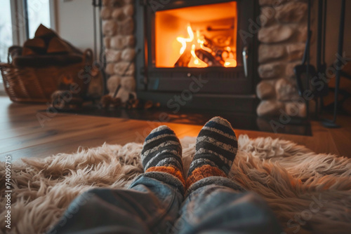 Close-up of a person lying on a plush rug beside a fireplace, enjoying the warmth and coziness of a siesta on a chilly afternoon, minimalistic style,