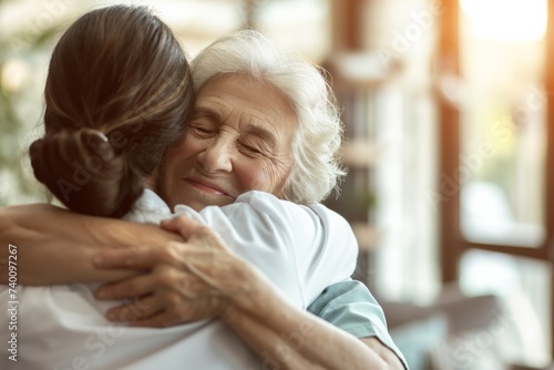 Elderly Woman Hugging Nurse Warmly in Sunlit Room Showing Gratitude and Affection