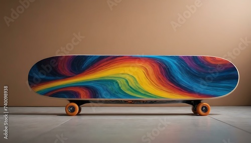 A vibrant, hand-painted skateboard deck mounted on a wall