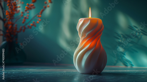 Twisted candle burning against a blue wall, plant decoration in the background, colorful modern contemporary wellness spa concept