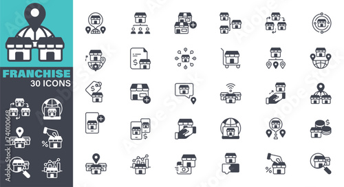 Franchising Icons set. Solid icon collection. Vector graphic elements, Icon Symbol, Business, Built Structure, Business, Chart, Global, chain, expansion, shop.
