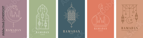 Ramadan Kareem greetings with Muslim mosque, crescent moon, stars and Arabian lanterns, vector banners. Islam religious holiday Ramadan Kareem in thin line art mosque and Arabic lantern lamps
