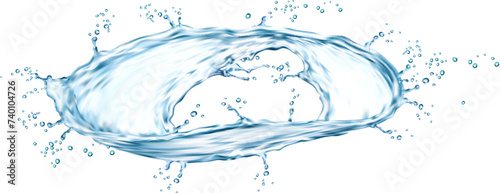 Round water wave flow splash. Isolated realistic 3d vector circle with splashing drops in motion, blue transparent aqua splatters in dynamic movement. Twister, swirl or whirlpool fresh, clear stream