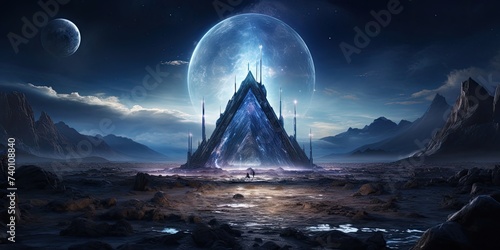 Futuristic Pyramid Surrounded by Mountains and Planets Generative AI