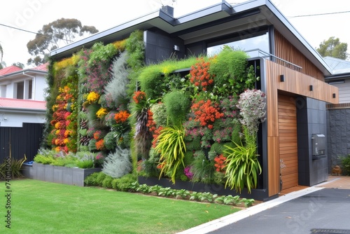 charming house featuring a vibrant green wall covered in cascading flowers, creating a picturesque and inviting scene