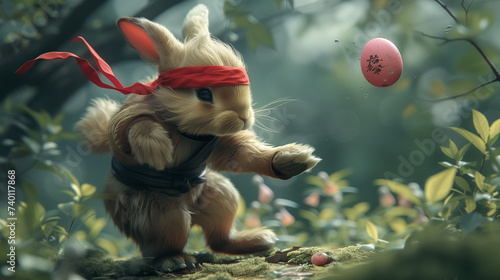 Whimsically cute Easter bunny practicing martial arts, wearing a red bandana.
