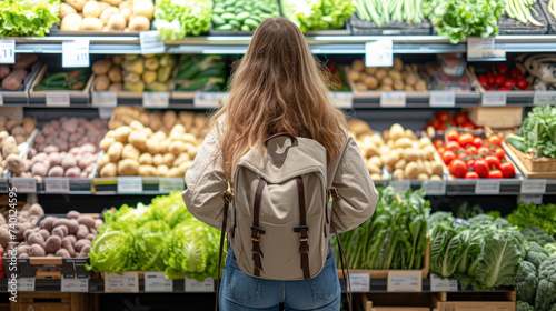 A woman from behind views an array of fresh produce at a grocery store, contemplating her choices. The scene is a snapshot of daily life and the importance of nutrition.