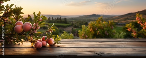 Empty rustic old wooden boards table copy space with peach trees orchard in background. Some ripe fruits on desk. Product display template