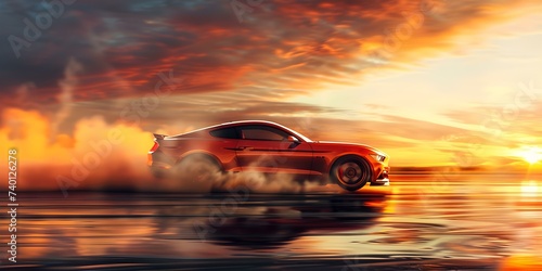Car skidding in dramatic drift under orange sunset sky backdrop. Concept Car drifting under sunset sky, Dramatic skidding maneuver, Orange sunset backdrop, Exciting car stunt, High-speed drifts