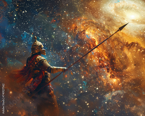 A spear thrower in the Persian Empire capturing a magical galaxy in the backdrop ready for battle