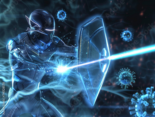 Futuristic superhero with holographic shield and laser sword vs 3D animated bacteria