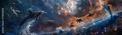 Motion filled scene of dolphins and wizards with a backdrop of the Trojan War and cosmic webs