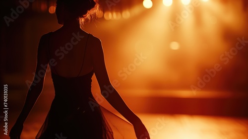 Ballerina in tutu dress dancing on stage with magi light and smoke. Silhouette of young attractive dancer in ballet shoes pointe performing in dark, generative ai