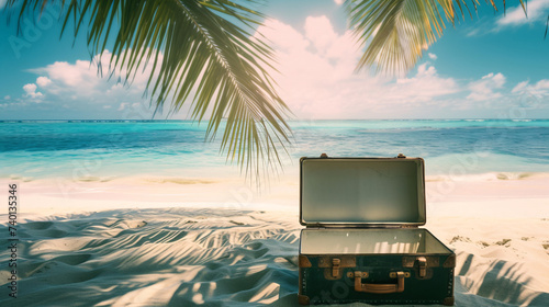 a tropical paradise with the captivating composition of an opened vintage suitcase, with clear white inner