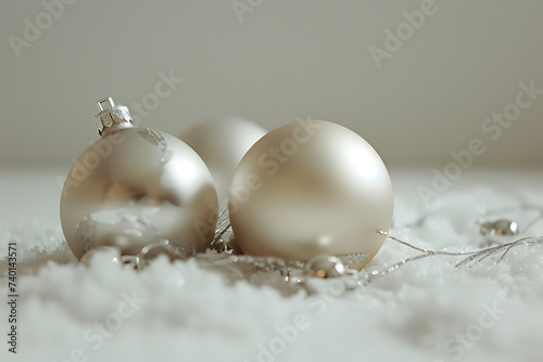 on white background four silver holiday ornaments sur