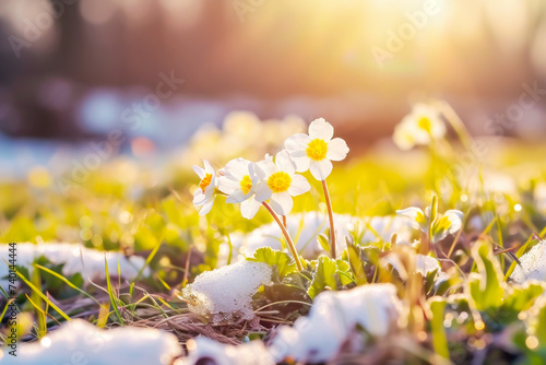 View of white spring flowers in snowy park. New fresh primroses blossom in beautiful evening with sunset sunlight. Wildflowers in the nature. Copy space