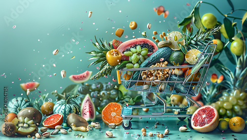 shopping cart with fruit vegetables nuts on backgroun