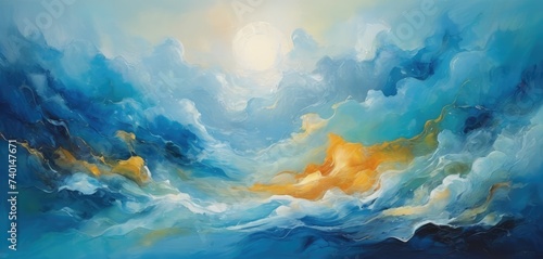 Background art, cloud strokes of bright paint in sea blue and orange colors