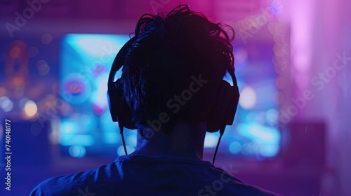back view silhouette of adult gamer sitting in front of the screen with headphones and playing video games, blurred background