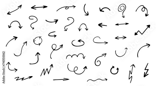 Hand drawn various curved lines and arrow curls. Drawing with a marker, different arrows in pen. Set of vector icons. Outline direction signs.