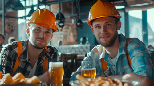 Happy construction workers drink beer in a cafe after a hard day's work.
