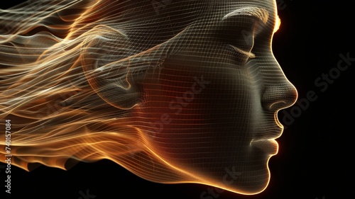 Futuristic Artificial Technology Concept with Flow of Glowing Neural Connections Forming a Golden Human Face Profile,