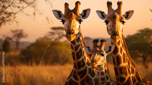 Soothing Sunset: Family of Giraffes Grazing Amongst the Greenery in their Natural Habitat
