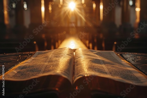 Sacred text open with radiant light shining upon it Symbolizing enlightenment and divine inspiration within a place of worship.