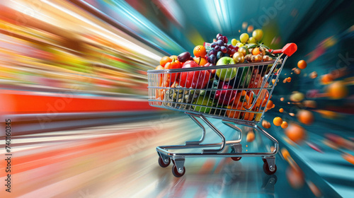 Shopping cart full of fresh fruits and vegetables with motion blur background